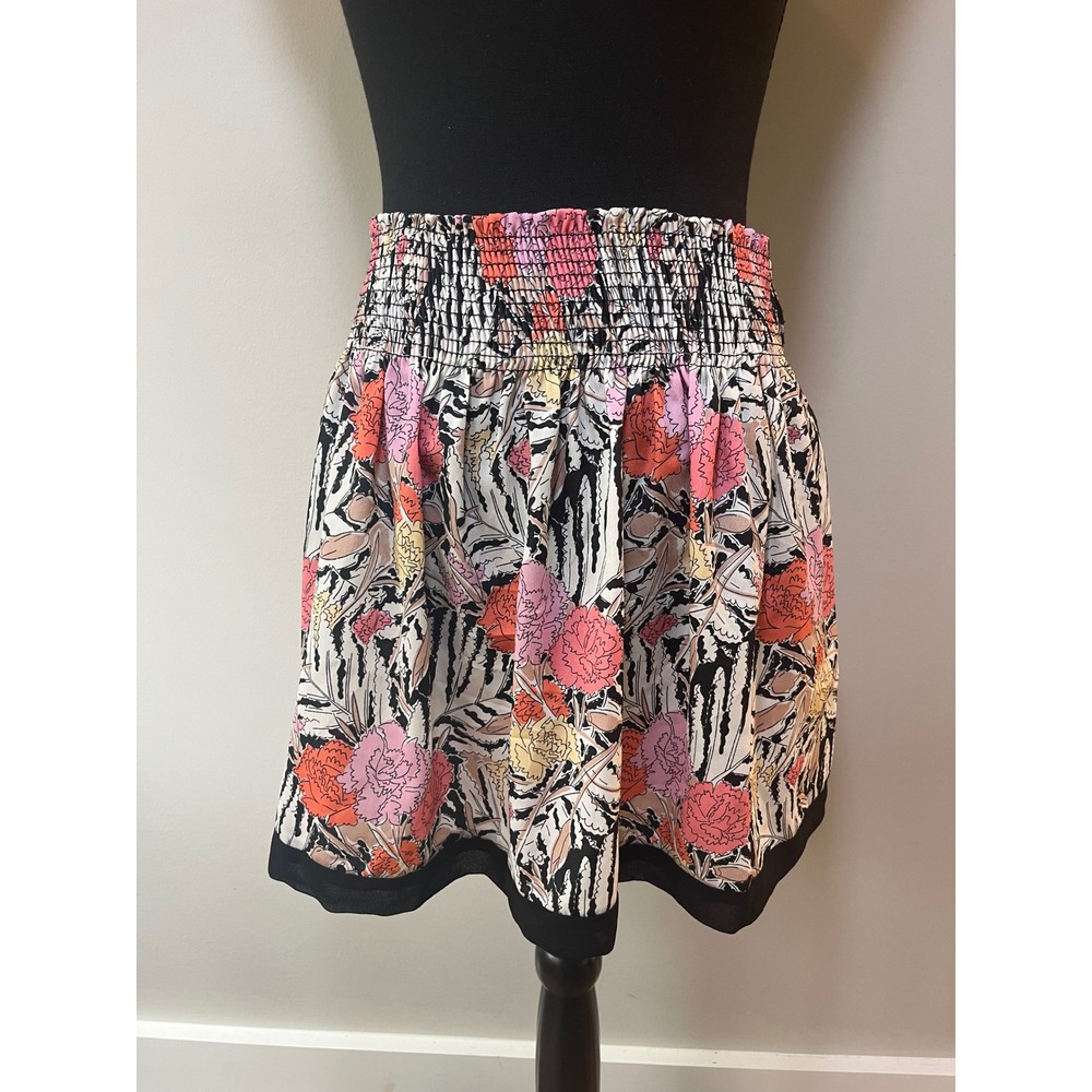 Zara‎ Basic Floral Smocked Waist Mini Skirt Pink Orange Yellow Black White Small